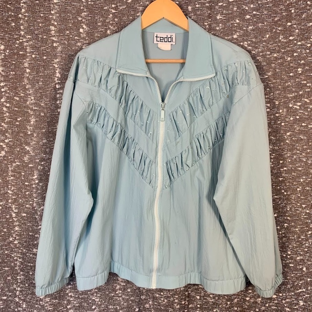 Vintage Teddi Light Blue Embroidered Chevron Windbreaker Jacket‎ Retro Womens